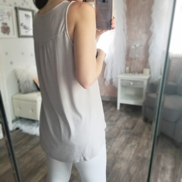 Summer Silver Gray Slinky Pocket Tank Button Top Sleeveless Henley Top - Picture 6 of 8